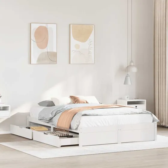 Sengeramme 150x200 cm i massivt fyrretræ, hvid - med skuffer