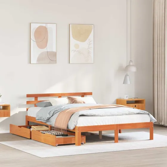 Sengeramme 150x200 i massivt fyrretræ med skuffer