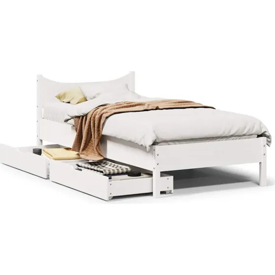 Sengeramme m. skuffer 75x190 cm i massivt fyrretræ, hvid