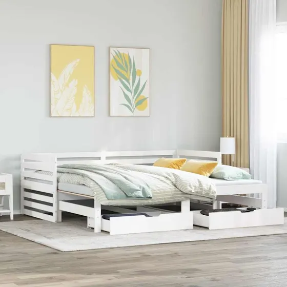 Daybed med udtræk og skuffer 90x200 cm, massivt fyrretræ hvid