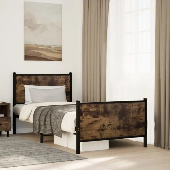 Sengeramme 90x200 cm i metal – røget egetræsfinish
