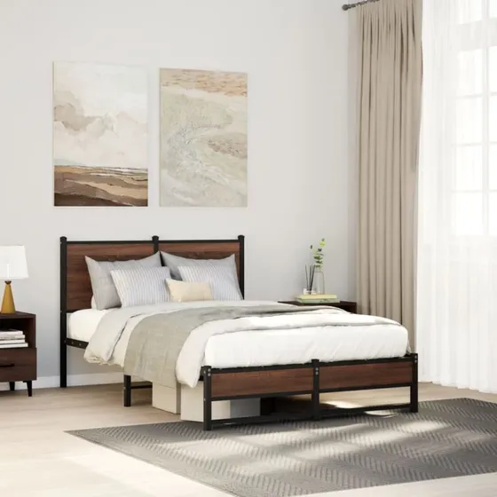 Sengeramme 120x200 cm i metal, brun egetræsfinish