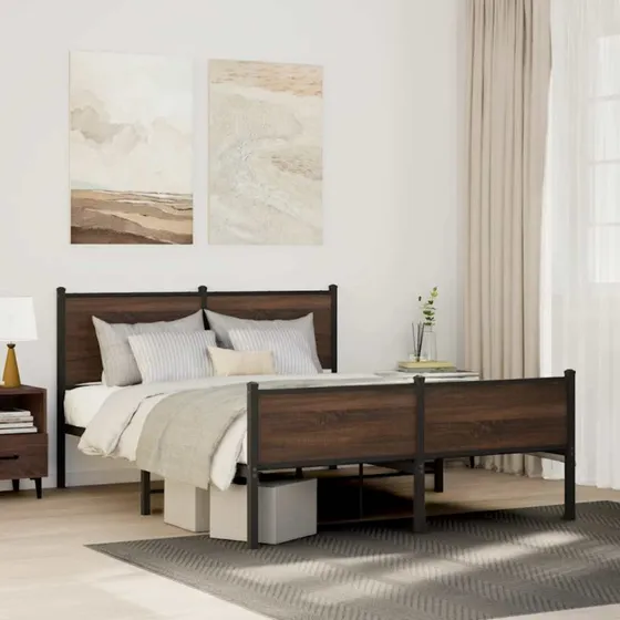 Sengeramme 137x190 cm brun egetræ – robust metalstel