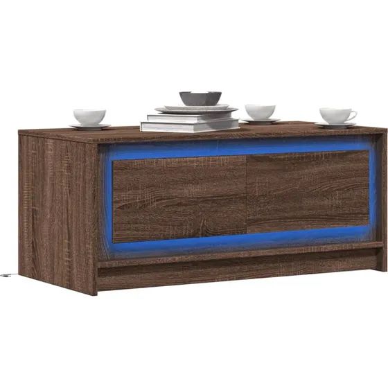 Sofabord med LED-lys i konstrueret tr, brun egetrsfinish