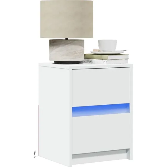 Hvid sengebord med RGB LED og skuffe – konstrueret træ