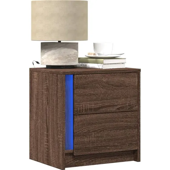 Sengebord med LED og skuffer – brun egetræseffekt