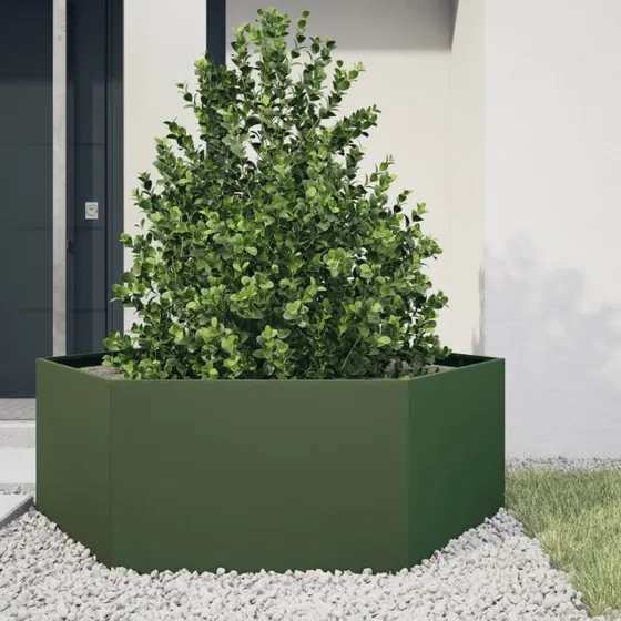 Plantekasse/højbed sekskantet 138x120x45 cm – olivengrøn stål