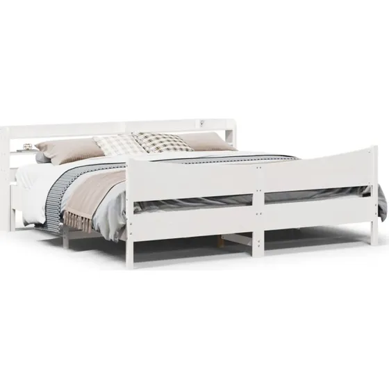 Sengeramme 200x200 cm i massivt fyrretræ med hylde - hvid