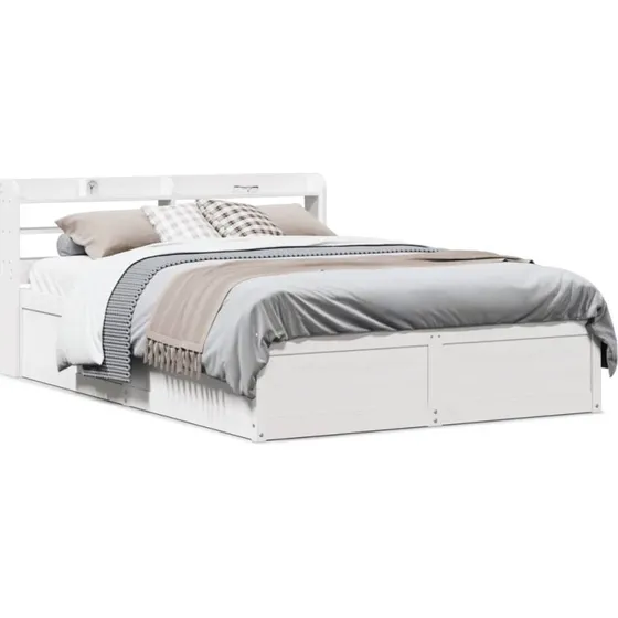 Sengeramme med hylde-sengegavl 140x200 cm i fyrretræ, hvid