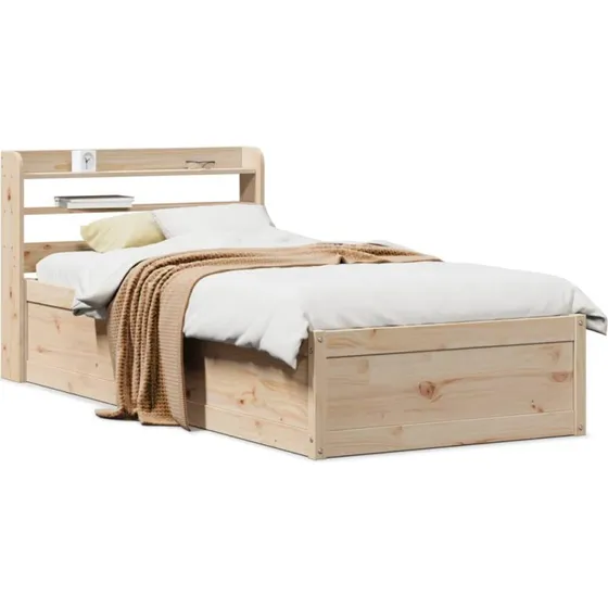 Sengeramme 75x190 cm i massivt fyrretræ med hylder