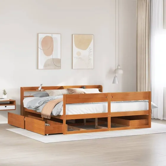 Sengeramme 200x200 cm i massivt fyrretræ med skuffer