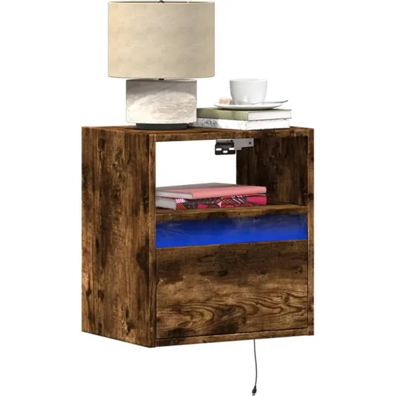 Væghængte sengeborde 2 stk. med RGB-LED, røget egetræ