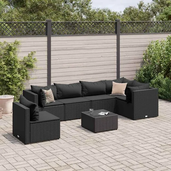 Loungesæt til haven 7 dele i sort polyrattan