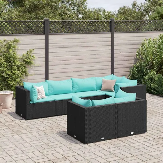 Loungesæt til haven 7 dele i sort polyrattan med hynder