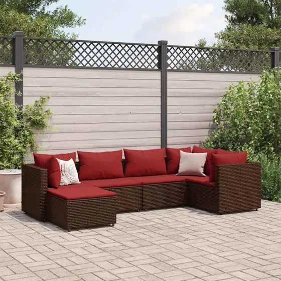 Loungesæt 6 dele i brun polyrattan med hynder