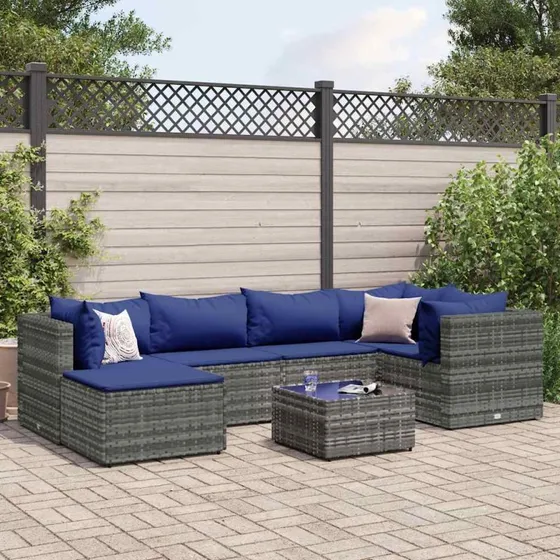 Loungesæt til haven 7 dele i grå polyrattan med hynder