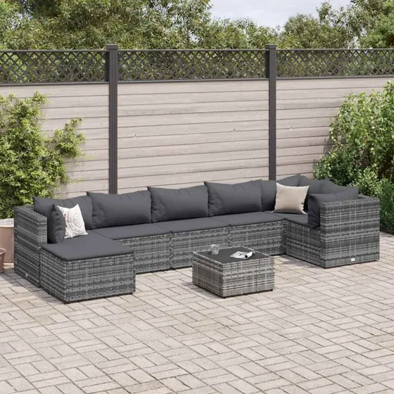 Loungesæt til haven 8 dele i grå polyrattan med hynder