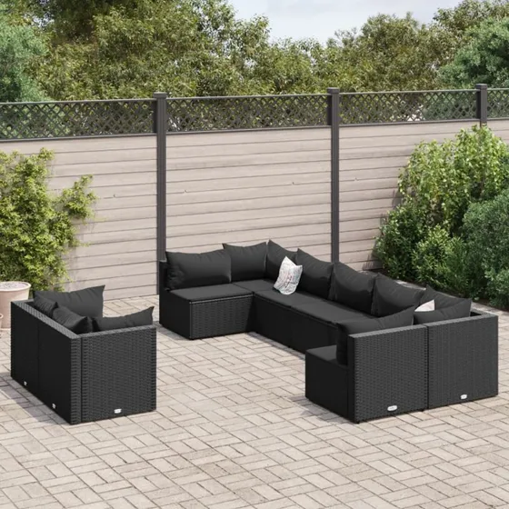 Sofasæt til haven 9 dele i sort polyrattan inkl. hynder