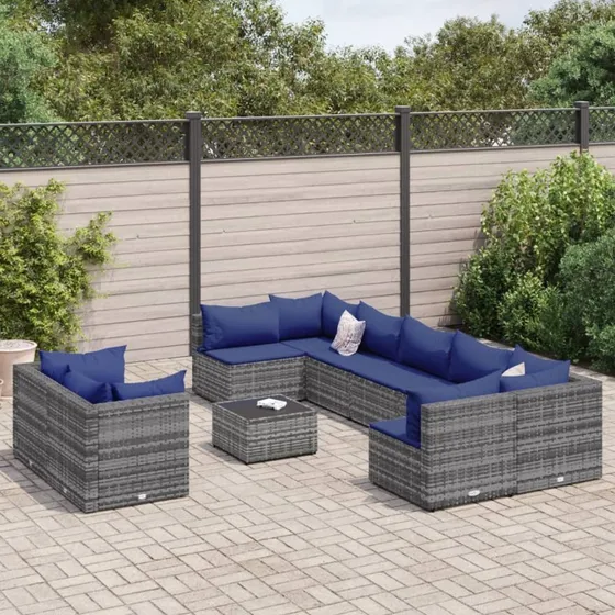 Havesofasæt 10 dele i grå polyrattan med hynder