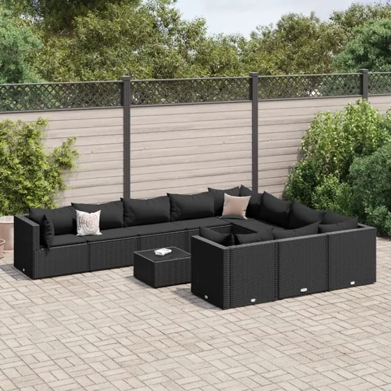 Havesofasæt 11 dele i sort polyrattan med hynder