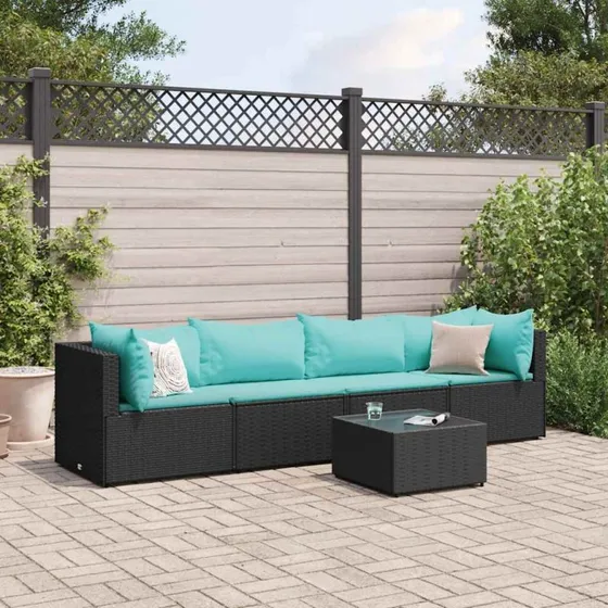 Loungesæt til haven 5 dele i sort polyrattan med hynder