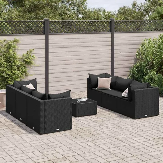 Loungesæt til haven 7 dele i sort polyrattan med hynder