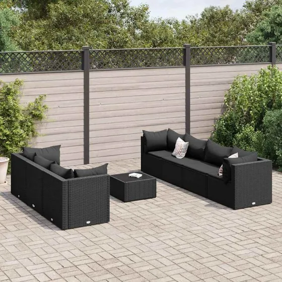 Loungesæt polyrattan 8 dele med hynder - sort