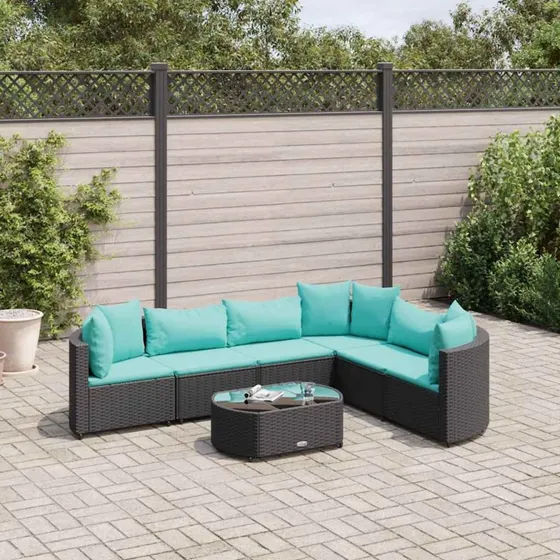 Havesofasæt 7 dele i sort polyrattan med hynder