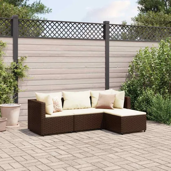 4-personers polyrattan loungesæt med hynder - brun