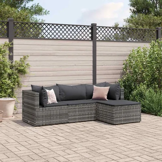 Loungesæt til haven 4 dele i grå polyrattan med hynder