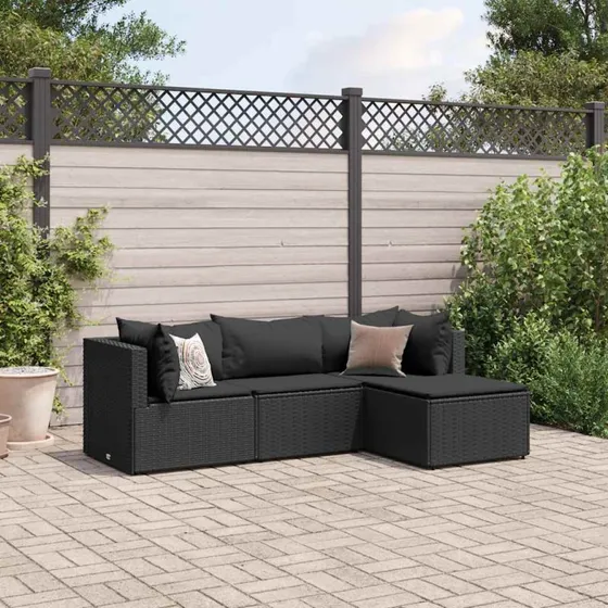 Loungesæt 4 dele sort polyrattan med hynder