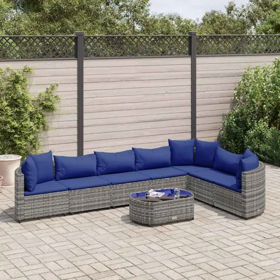 Havesofasæt 8 dele i grå polyrattan med hynder