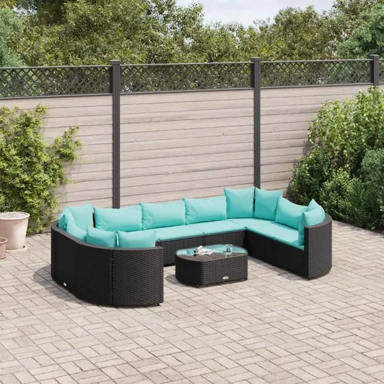 Havesofasæt 10 dele i polyrattan med hynder, sort