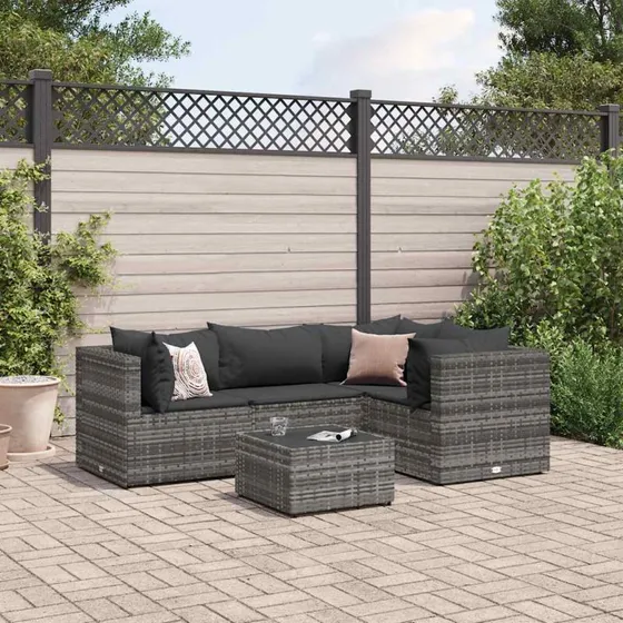 Loungesæt til haven 5 dele i grå polyrattan med hynder