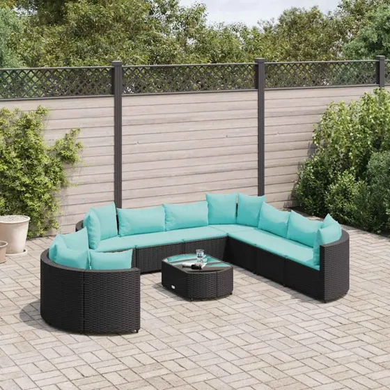 Havesofasæt 10 dele i sort polyrattan med hynder