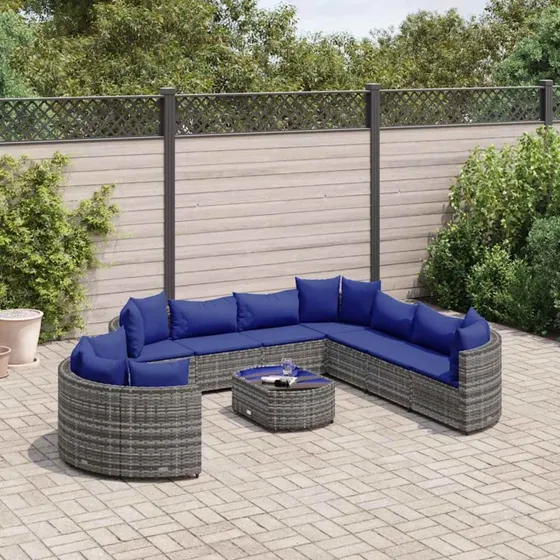 Havesofasæt 10 dele i grå polyrattan med hynder