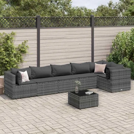 Loungesæt til haven 7 dele i grå polyrattan med hynder
