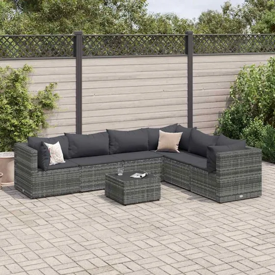 Loungesæt til haven 7 dele i grå polyrattan med hynder