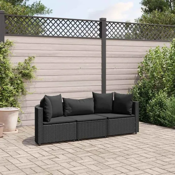 Havesofasæt 3 dele i sort polyrattan med hynder