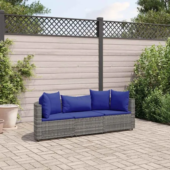 Havesofasæt 3 dele med hynder, polyrattan grå