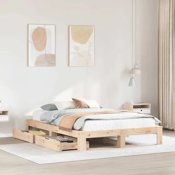 Sengeramme i massivt fyrretræ 150x200 cm med skuffer