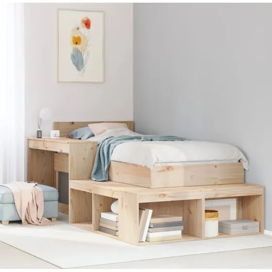 Sengebord med indbygget skrivebord i massivt fyrretræ 232×122×75