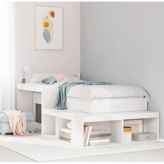 Sengebord med skrivebord i massivt fyrretræ, hvid 232x122x75 cm