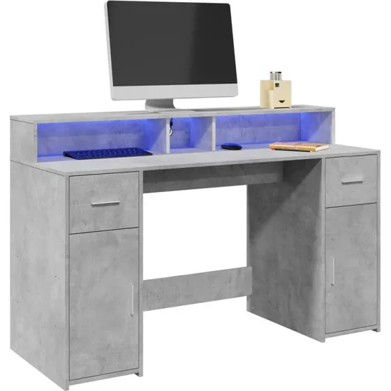 Skrivebord 140x55x91 cm med RGB LED – betongrå