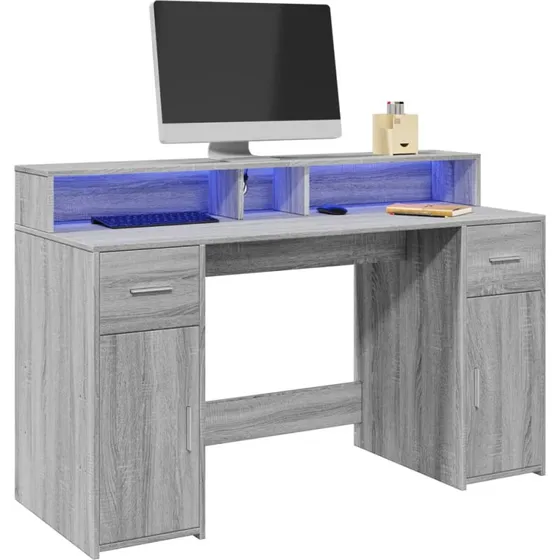 Skrivebord 140x55x91 cm med RGB LED - Grå Sonoma