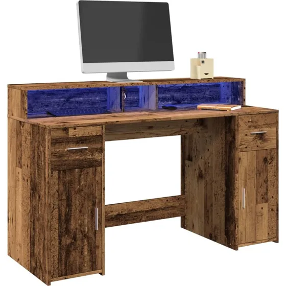 Skrivebord 140x55x91 cm med RGB LED – Konstrueret træ, gammelt look