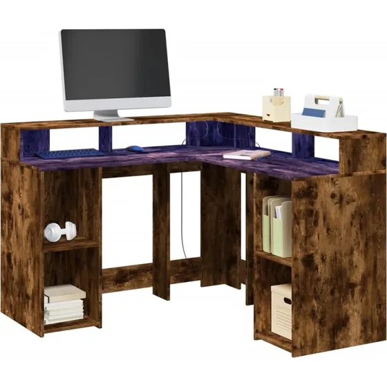 Skrivebord med RGB LED 130x130x91 cm - Røget eg