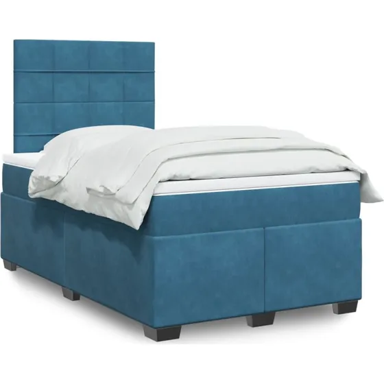 Kontinentalseng 120x190 cm i blå velour med madras