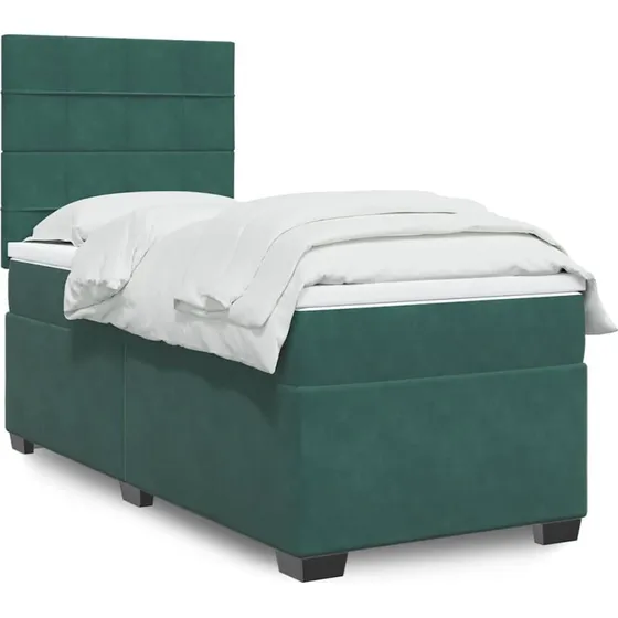 Kontinentalseng 90x190 cm i mørkegrøn fløjl med pocketmadras