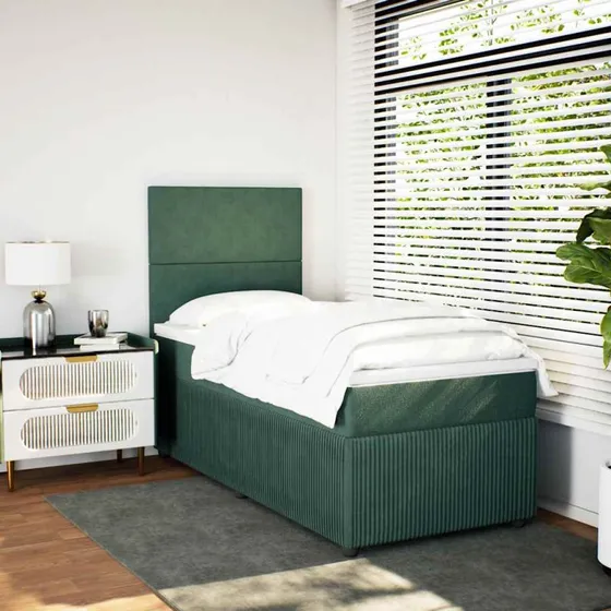 Kontinentalseng 90x190 cm med madras i mørkegrøn fløjl